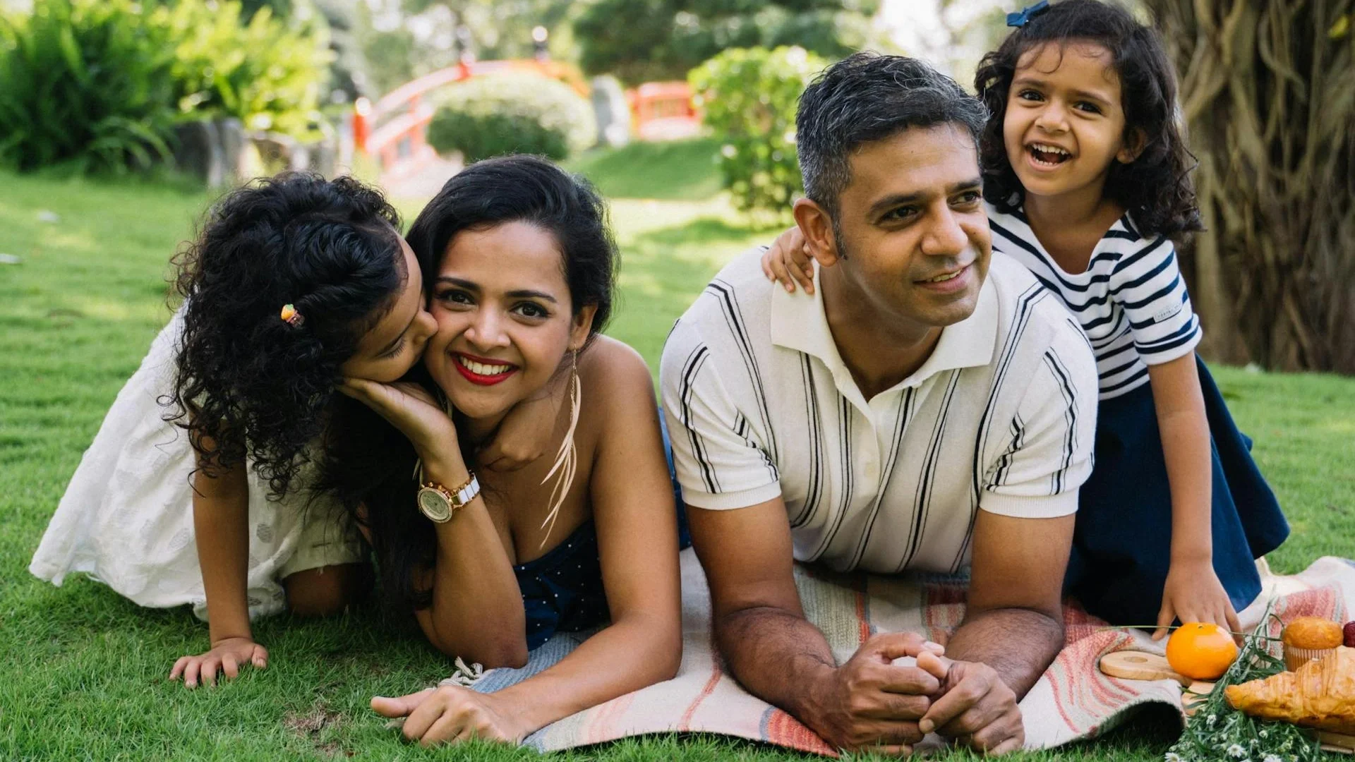 Indian family enjoying a cheerful picnic together on a lush green lawn