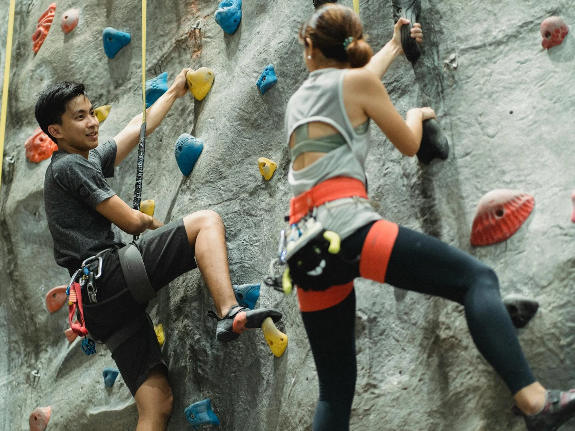 Climbers training together on a climbing wall in a gym